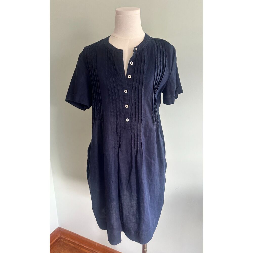 Quince Pintuck Pleated Linen Navy Short Sleeve Swing Dress Medium